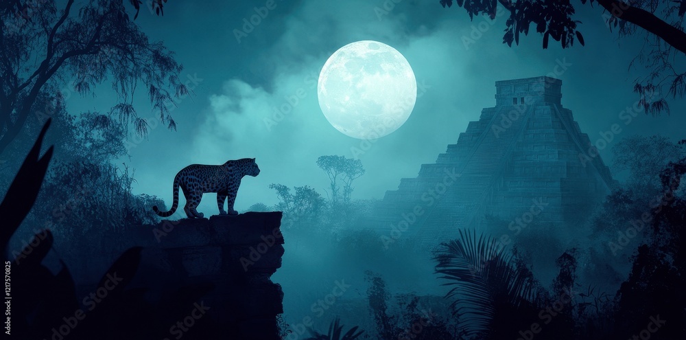 Obraz premium Jaguar Watching Mayan Pyramid Under Full Moon