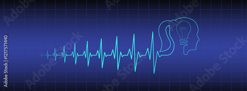 Heart rhythm illustration with woman human head, lightbulb, blue medical heartbeat vector design to use for healthcare, business, healthy lifestyle, medicine and ekg concept illustration projects. 
