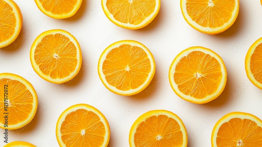 A close up of many orange slices on a white background A close up of many orange slices on a white background