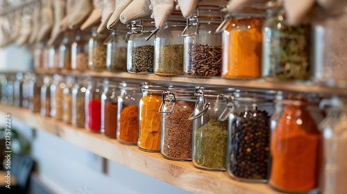 Fototapeta Naklejka Na Ścianę i Meble -  A dedicated spice rack in the pantry, showcasing small glass jars with colorful spices. Above the rack, stockings are used to store small packets of seasoning and herbs.