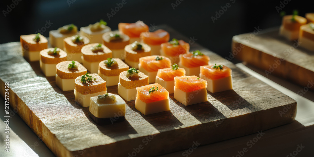 Artfully arranged platter features cubes of cheese, triangular smoked salmon slices, and circular crackers. This gourmet spread highlights exquisite culinary symmetry and presentation. Artfully arranged platter features cubes of cheese, triangular smoked salmon slices, and circular crackers. This gourmet spread highlights exquisite culinary symmetry and presentation.