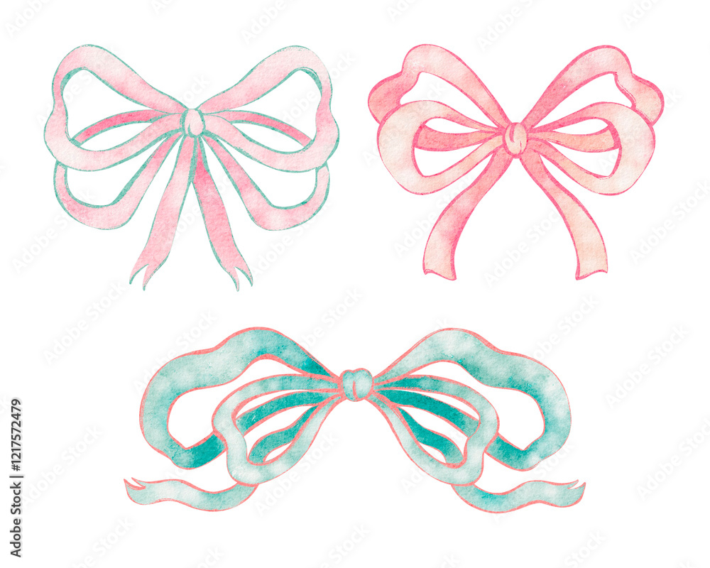 Watercolor set Bow with wavy Ribbon. Hand-drawn illustration of silk or satin pink and mint knot on white isolated background, for card, wrapping. Drawing of vintage tape for wedding, Valentine's Day. Watercolor set Bow with wavy Ribbon. Hand-drawn illustration of silk or satin pink and mint knot on white isolated background, for card, wrapping. Drawing of vintage tape for wedding, Valentine's Day.