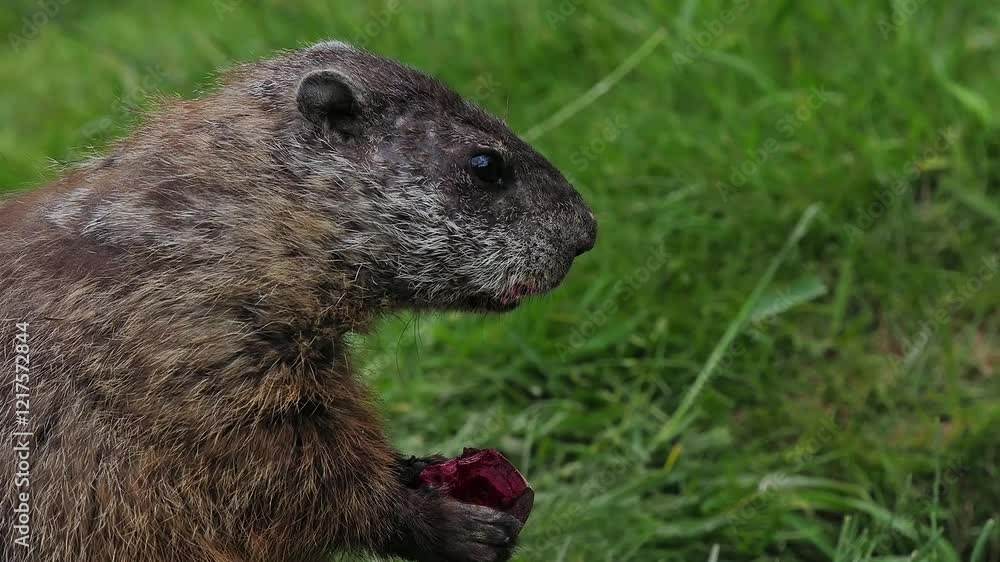 Marmota monax eating vegetables against the background of green grass Marmota monax eating vegetables against the background of green grass