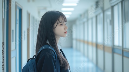 Thoughtful japanese student standing in school hallway photo