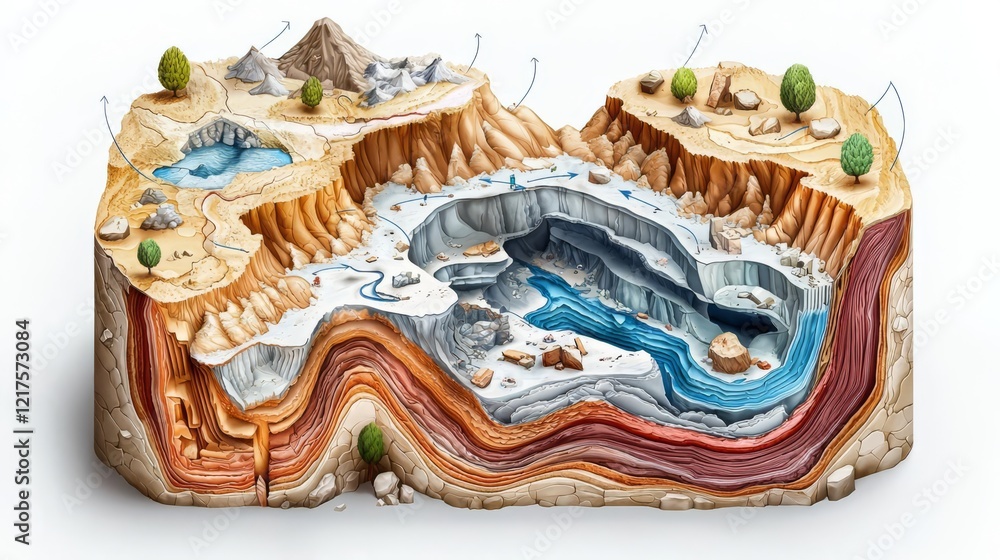 Detailed geological cross-section illustration. Detailed geological cross-section illustration.
