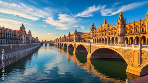 beautiful embankment of the city of Seville Spain, sunny summer day