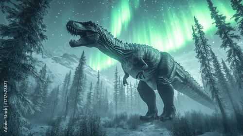 A towering dinosaur in a frozen tundra, its breath visible in the icy air, as it stands against the backdrop of a glowing aurora borealis. Snow-covered pine trees surround the creature photo