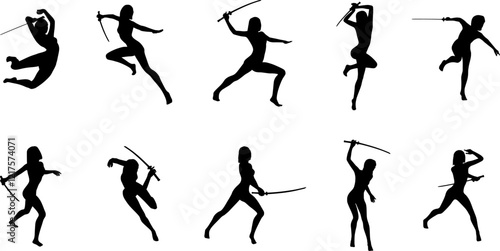 Design of woman with sword set collection