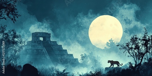 Mayan Pyramid Night Scene With Jaguar Under Full Moon