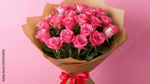 The soft pink roses, wrapped in earthy brown paper with a vibrant red bow, create a stunning visual contrast against the gentle pink background.