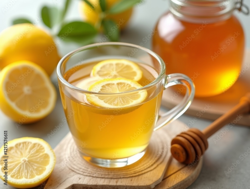 cup of warm water with honey and lemon slices cup of warm water with honey and lemon slices