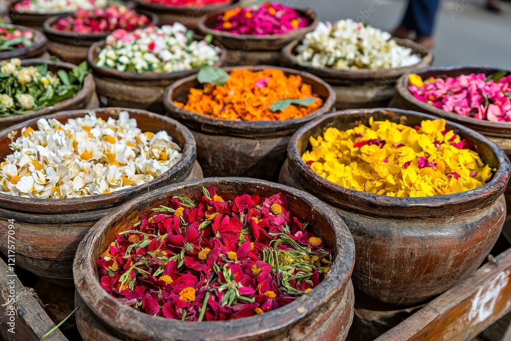 Fototapeta premium Vibrant Array of Colorful Floral Petals in Traditional Hemispherical Bowls at Market Stall