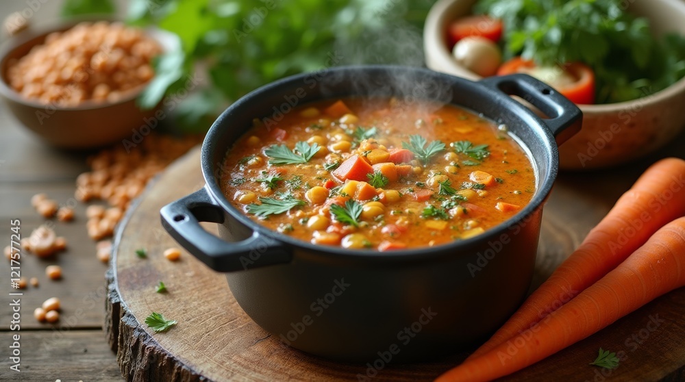 pot of lentil soup on a wooden table, surrounded by fresh ingredients