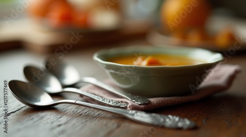 set of soup spoons on a dining table photo