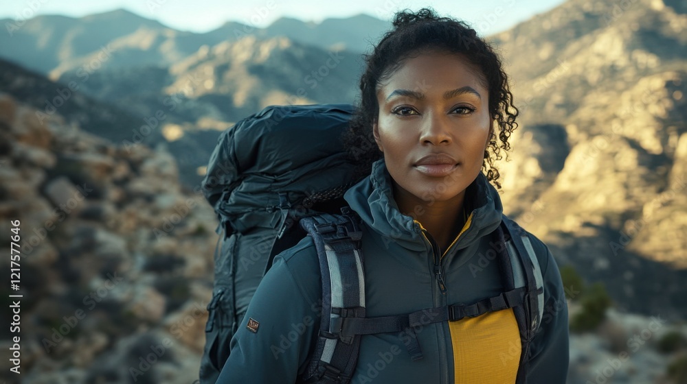 Confident black female hiker with backpack in scenic mountain landscape Confident black female hiker with backpack in scenic mountain landscape