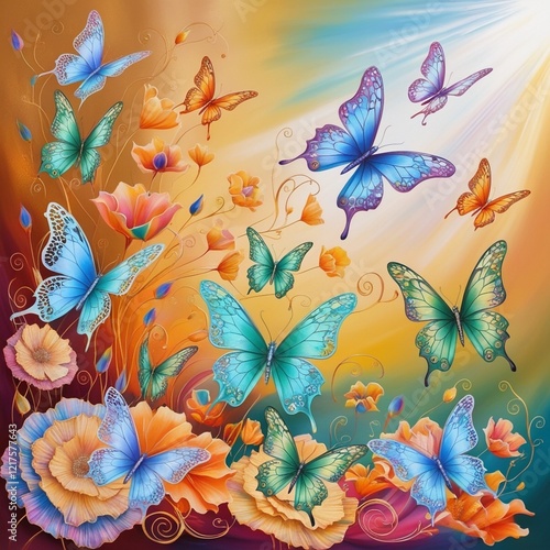 A vibrant scene of butterflies taking flight.AI generated