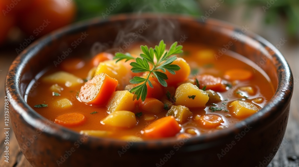 A chunky vegetable soup in a rustic bowl, with steaming hot pieces of carrots and potatoes, placed on a wooden table under warm lighting, creating a hearty and satisfying feel. A chunky vegetable soup in a rustic bowl, with steaming hot pieces of carrots and potatoes, placed on a wooden table under warm lighting, creating a hearty and satisfying feel.