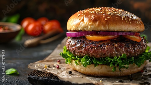 Mouthwatering gourmet burger with juicy beef patty, fresh lettuce, tomato, red onion and sesame seed bun, served on parchment paper. Food, fast food and culinary photo