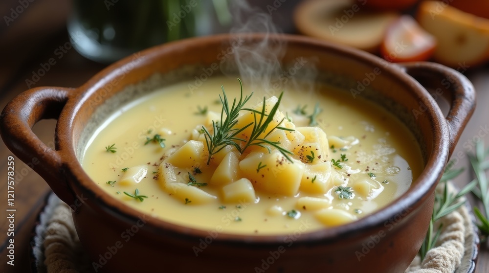 A creamy potato and leek soup, garnished with fresh herbs, steaming in a rustic ceramic bowl, creating a warm and inviting kitchen atmosphere perfect for cold winter days. A creamy potato and leek soup, garnished with fresh herbs, steaming in a rustic ceramic bowl, creating a warm and inviting kitchen atmosphere perfect for cold winter days.