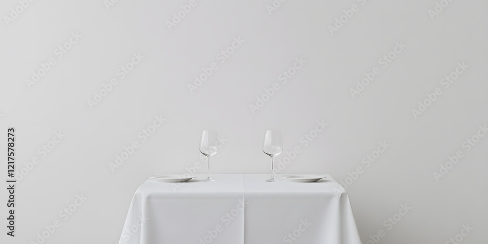 Simple elegance: A minimalist tablescape featuring two wine glasses and plates set against a white backdrop. Perfect for concepts of simplicity, purity, or fine dining. Simple elegance: A minimalist tablescape featuring two wine glasses and plates set against a white backdrop. Perfect for concepts of simplicity, purity, or fine dining.