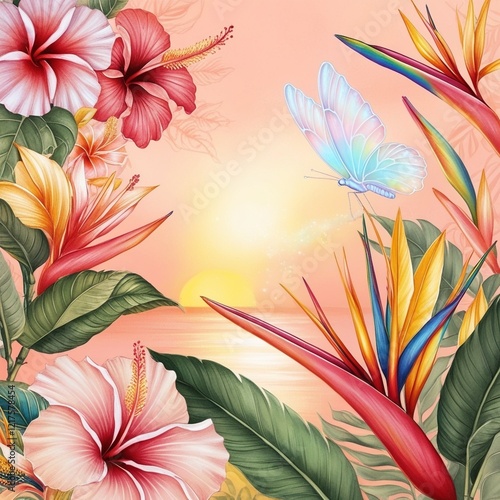 A vibrant tropical scene unfolds at sunset.AI generated