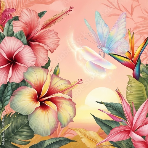 A vibrant tropical scene unfolds at sunset.AI generated