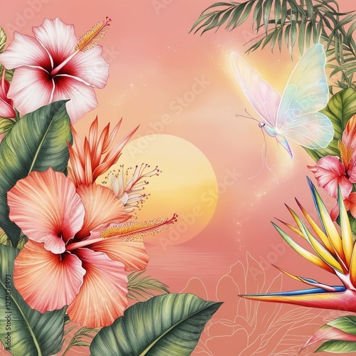 A vibrant tropical scene unfolds at sunset.AI generated