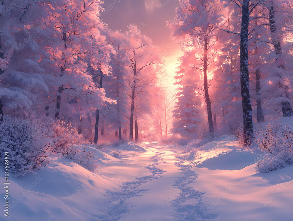 Sentier enneigé traversant une forêt lumineuse hivernale