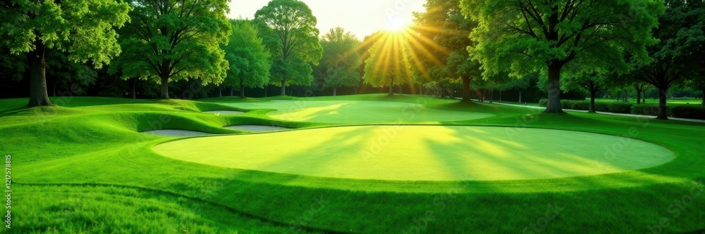 Naklejka premium Perfectly manicured putting green, rich emerald tones, texture, close-up, putting green