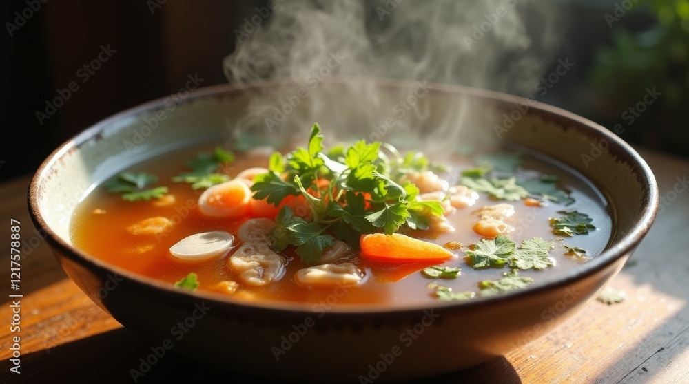 A steaming bowl of soup with colorful vegetables floating in clear broth, placed on a rustic wooden table, creating a warm and inviting atmosphere with soft natural lighting.