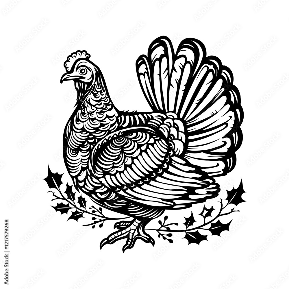 Obraz premium Detailed turkey illustration with ornamental patterns, surrounded by holly leaves, in black and white on a plain white background. Holiday concept