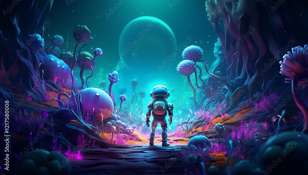 A lone astronaut stands in an otherworldly, bioluminescent alien forest filled with glowing plants, strange fungi, and a surreal greenish-blue atmosphere under a massive planet in the sky. A lone astronaut stands in an otherworldly, bioluminescent alien forest filled with glowing plants, strange fungi, and a surreal greenish-blue atmosphere under a massive planet in the sky.
