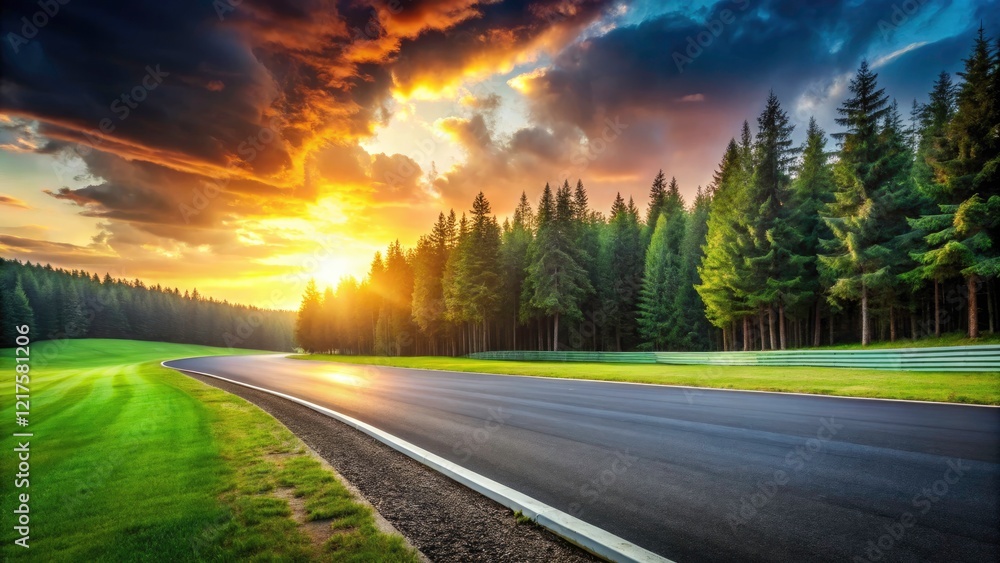 Fototapeta premium Low light paints the empty Sunset Race Track; green forest silhouetted against the dusky landscape.