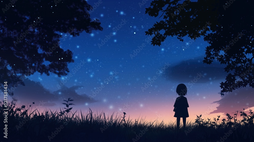 Fototapeta premium Girl watching fireflies under starry night sky