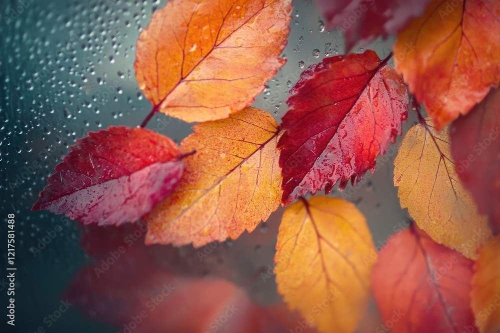 Vibrant autumn leaves, drenched in rain, clinging to a windowpane. Vibrant autumn leaves, drenched in rain, clinging to a windowpane.