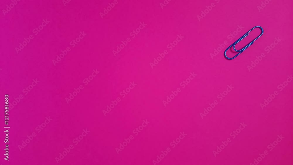 Blue paperclip on bright pink background minimalist design. Looped Stop motion with clip rotates as symbol of loading, brainstorming, downloading, thought. Mock up with Copy space, text, advertising. Blue paperclip on bright pink background minimalist design. Looped Stop motion with clip rotates as symbol of loading, brainstorming, downloading, thought. Mock up with Copy space, text, advertising.