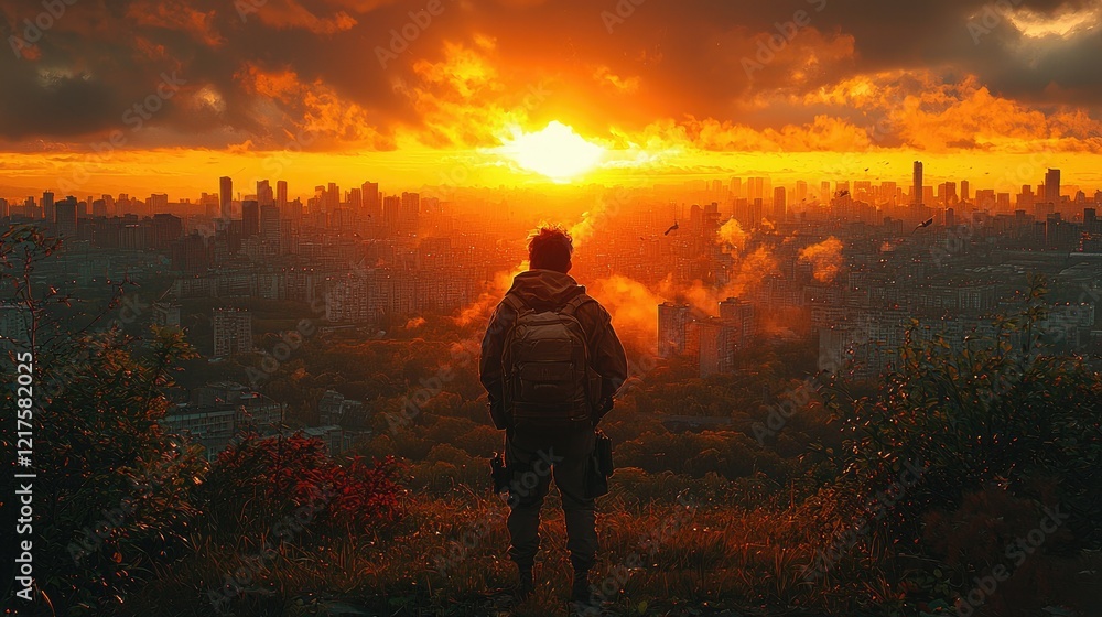 Lone Traveler Contemplates Sunset Over Cityscape Lone Traveler Contemplates Sunset Over Cityscape