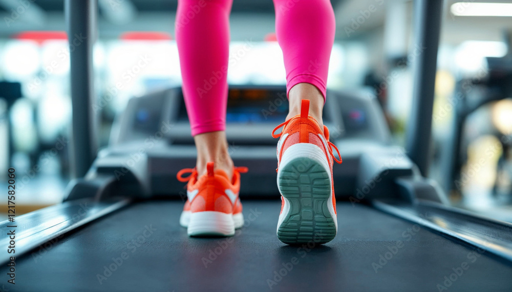 Individual exercises on treadmill with colorful footwear in modern fitness gym setting during daytime Individual exercises on treadmill with colorful footwear in modern fitness gym setting during daytime