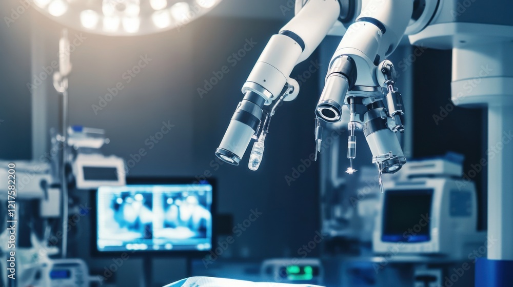 A detailed image of a healthcare robot assisting in surgery with precision tools, set in a brightly lit operating theater, with surgical equipment and monitors in the background A detailed image of a healthcare robot assisting in surgery with precision tools, set in a brightly lit operating theater, with surgical equipment and monitors in the background