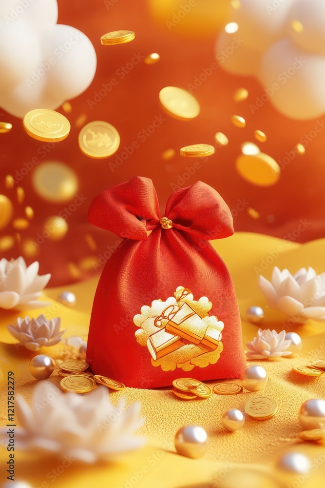 Red gift bag, gold coins, lotus flowers, festive background; Chinese New Year celebration Red gift bag, gold coins, lotus flowers, festive background; Chinese New Year celebration