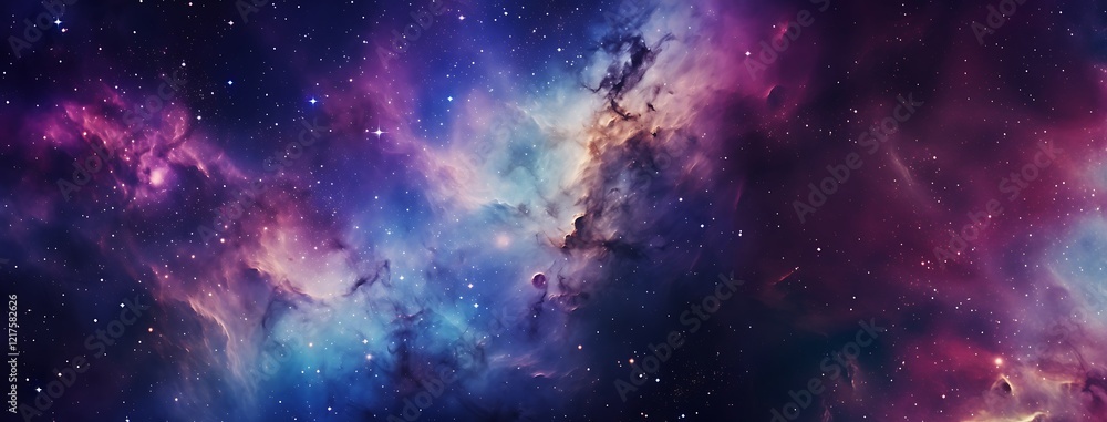 Fototapeta premium A stunning cosmic nebula with vivid shades of purple, blue, and pink, featuring glowing interstellar clouds and scattered stars across the vastness of deep space. Web banner