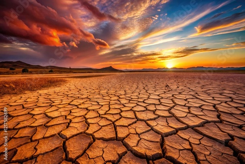 Minimalist landscape: sun-baked earth, fissures mirroring a parched planet's plight.