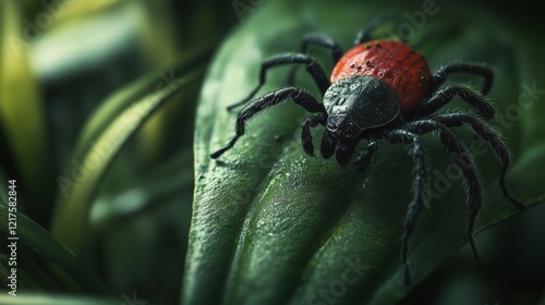 A close-up macro view of a red and black tick perched on a green leaf, highlighting the details of this parasitic arachnid in its natural environment.