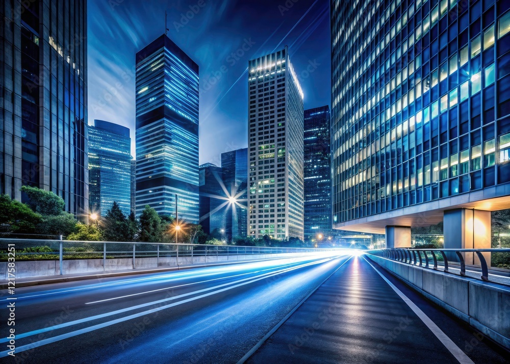 Fototapeta premium Modern architecture silhouetted against a night sky, long exposure captures city stillness.