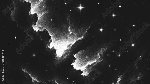 Deep space scene background in stippling style with glowing stars cluster and mesmerizing huge nebula as stellar nursery where stars are born. Dotwork. Pointillism. Noisy shading using dots. Vector