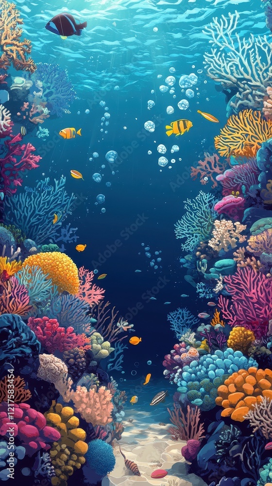 Fototapeta premium Vibrant Underwater Scene Showing Colorful Coral Reef and Fish