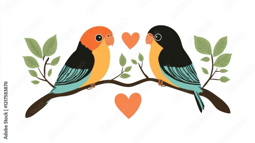 Obraz premium Two colorful birds perched together, expressing love and harmony.