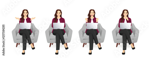 Beautiful business young woman wearing formal outfit sitting in armchair holding laptop computer with different gestures. Isolated vector illustration set