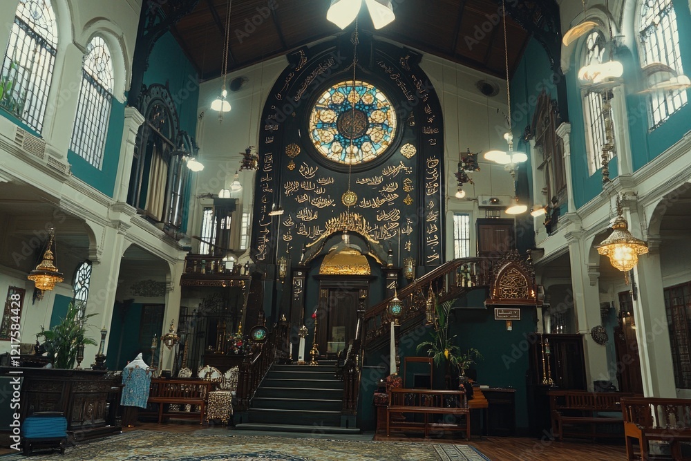 Obraz premium Synagogue Interior, ornate architecture, religious ceremony, peaceful atmosphere, spiritual reflection, stock photo