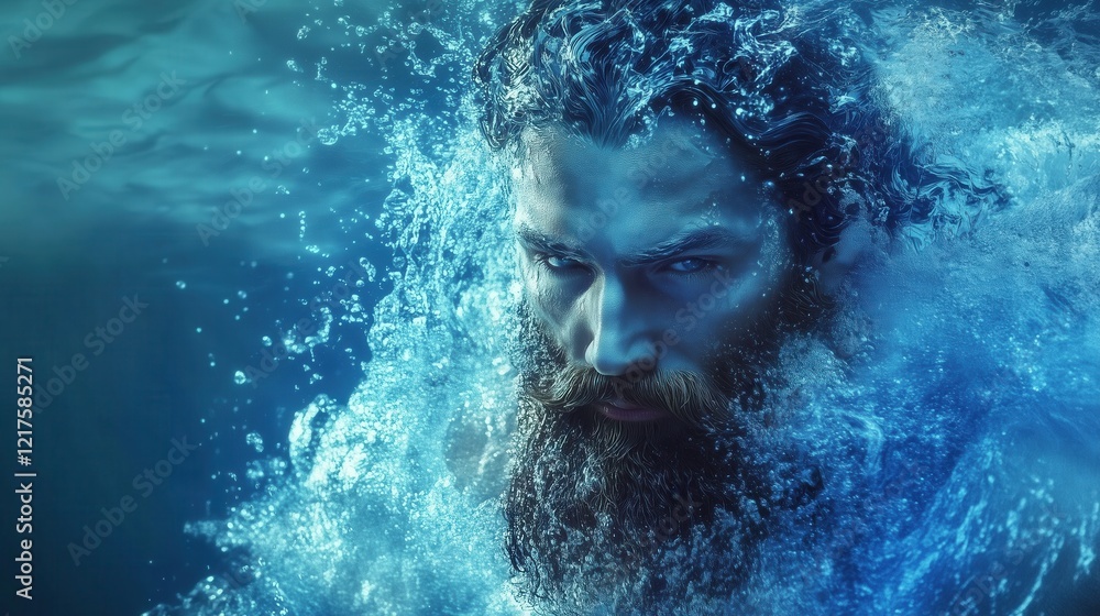 A powerful, godlike figure representing Aquarius rises from the ocean, surrounded by cascading waves. A powerful, godlike figure representing Aquarius rises from the ocean, surrounded by cascading waves.